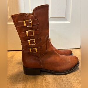 Elegant Brown Leather Buckle Combat Boots